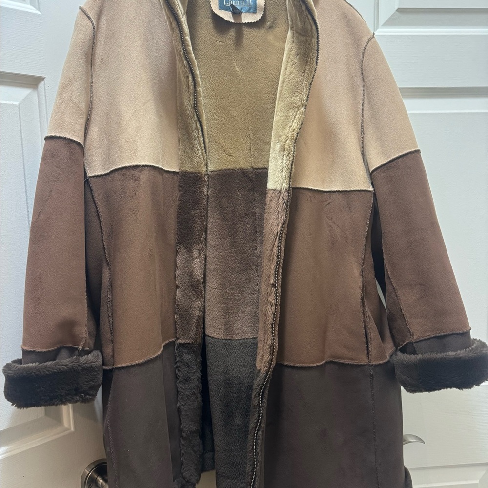 2X brown coat Color block Tan Brown Teddy Jacket suede shearling warm jacket